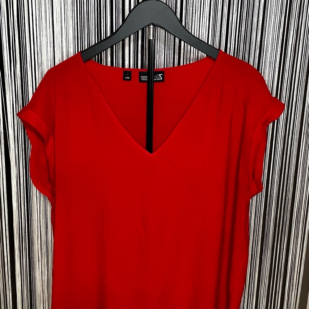 New York & Company Bold Red V-Neck Blouse
